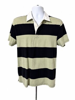 Forever 21 Rugby Polo Shirt Mens Small short sleeve Sage Black Striped Preppy